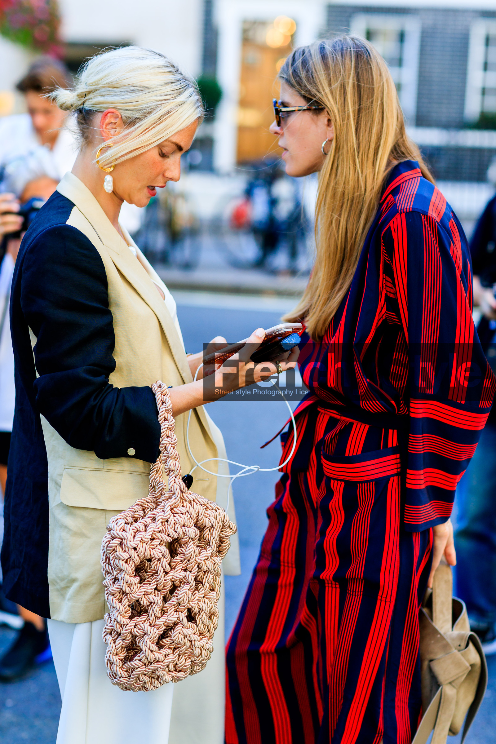 beige bag, blazer, earrings, graphic dress, leather bag, loewe, monica ainley, nude bag, printed dress, red dress, stripes, sunglasses, white jacket, white pants, fashion week, frenchystyle, FW, jonathan paciullo, street style, LFW, LONDON, SPRING SUMMER 2019, SS 19, vertical, detail, atmosphere details