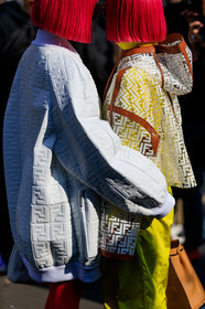 Ami and Aya Suzuki, dyed hair, fendi, graphic jacket, hood, monogram, pink hair, printed jacket, transparent jacket, trousers, white jacket, yellow pants, MILAN, MFW, fashion week, frenchystyle, FW, jonathan paciullo, street style, AUTUMN WINTER 2019-2020, AW 19-20, FALL WINTER 2019-2020, FW 19-20, vertical, atmosphere details, detail