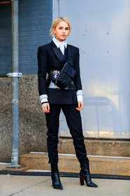 black bag, black jacket, black pants, black shoes, black suit, blazer, corset, fanny pack, high heels, leather bag, leather shoes, trousers, white shirt, street style, jonathan paciullo, FW, frenchystyle, fashion week, NYFW, NEW YORK, AUTUMN WINTER 2018-2019, AW 18-19, FALL WINTER 2018-2019, FW 18-19, vertical, full length, caro daur