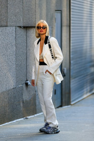 xenia adonts, white jacket, white pants, white suits, brocart jacket, brocart pants, white bra, white leather bag, cropped top, logo strap bag, stella mccartney bag, butterfly sunglasses, black sunglasses, grey sneakers, balenciaga sneakers, fashion week, frenchystyle, FW, jonathan paciullo, street style, FALL WINTER 2020-2021, AUTUMN WINTER 2020-2021, FW 20-21, vertical, full length, NYFW, NEW YORK