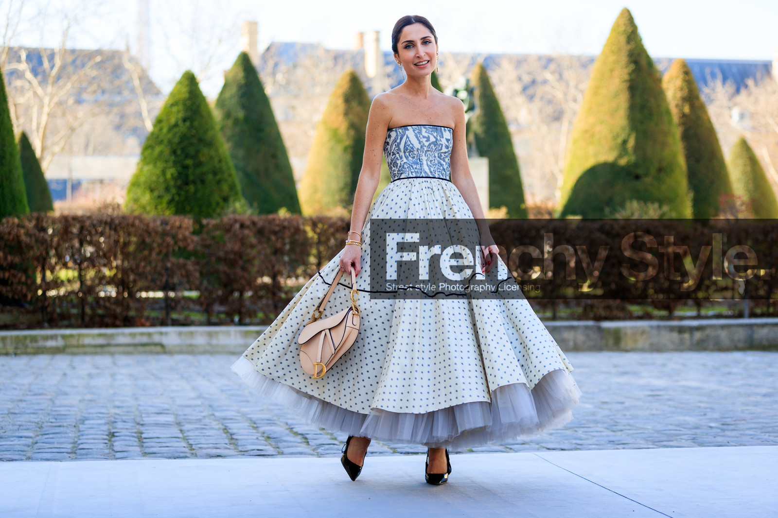 black shoes, bustier dress, christian dior, embroideries, geraldine boublil, graphic dress, high heels, leather bag, leather shoes, nude bag, polka dot, printed dress, saddle bag, tulle, white dress, PARIS, PFW, street style, jonathan paciullo, FW, frenchystyle, fashion week, AUTUMN WINTER 2019-2020, AW 19-20, FALL WINTER 2019-2020, FW 19-20, horizontal, atmosphere details, full length
