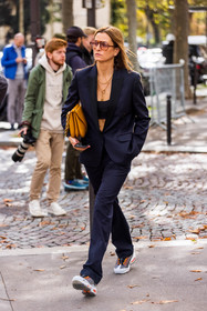 aviator sunglasses, bag, blazer, chain gold, grey sneakers, navy blazer, navy pants, navy suits, ochre bag, orange bag, pants, smartphone, sneakers, stripes, stripes blazer, suits, sunglasses, tortoise sunglasses, fashion week, frenchystyle, FW, jonathan paciullo, street style, PFW, PARIS, SPRING SUMMER 2022, SS 22, vertical, full length