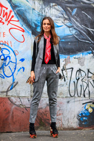 AUTUMN WINTER 2017-2018, AW 17-18, black shoes, black sweater, checked jacket, checked pants, FALL WINTER 2017-2018, fashion week, floral, flower, frenchystyle, full length, FW, FW 17-18, grey jacket, grey pants, high heels, jonathan paciullo, leather bag, leather shoes, MFW, MILAN, plaid, printed jacket, printed pants, printed shoes, red bandana, sleeveless, street style, trousers, vertical, wedges