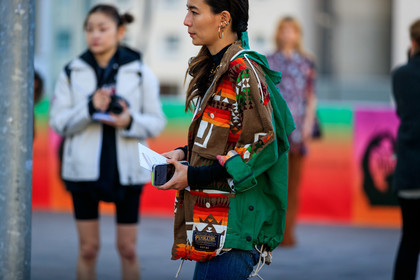 earrings, graphic jacket, green jacket, navajo print, printed jacket, sacai, PARIS, PFW, street style, jonathan paciullo, FW, frenchystyle, fashion week, AUTUMN WINTER 2019-2020, AW 19-20, FALL WINTER 2019-2020, FW 19-20, horizontal, atmosphere details, detail