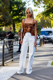 bag, brown top, chain necklace, choker, flare pants, leather pants, paco rabanne bag, pants, printed top, silver bag, silver choker, sunglasses, top, Vanessa Hong, white pants, white sunglasses, street style, jonathan paciullo, FW, frenchystyle, fashion week, PFW, PARIS, SPRING SUMMER 2022, SS 22, vertical, full length