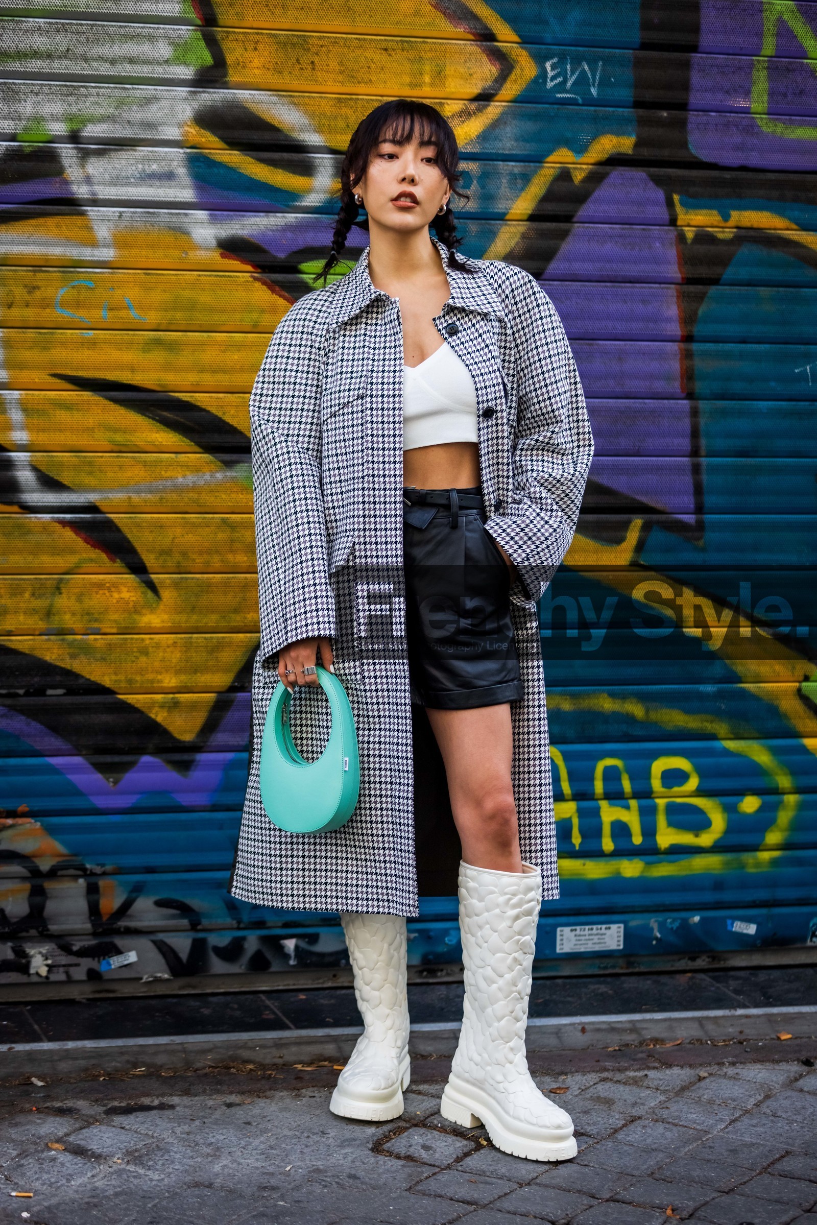 bag, black and white, black short, blue bag, boots, coperni bag, crop top, grey trenchcoat, leather boots, leather short, print, printed trenchcoat, short, tartan, trench, white boots, white crop top, Xiayan, street style, jonathan paciullo, FW, frenchystyle, fashion week, PFW, PARIS, SPRING SUMMER 2022, SS 22, vertical, full length