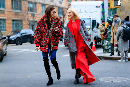 black shoes, blue denim, checked coat, denim pants, graphic jacket, grey coat, high boots, high heels, jeans, leather shoes, plaid, printed jacket, red dress, red jacket, sunglasses, trousers, street style, jonathan paciullo, FW, frenchystyle, fashion week, NYFW, NEW YORK, AUTUMN WINTER 2018-2019, AW 18-19, FALL WINTER 2018-2019, FW 18-19, atmosphere details, horizontal, full length