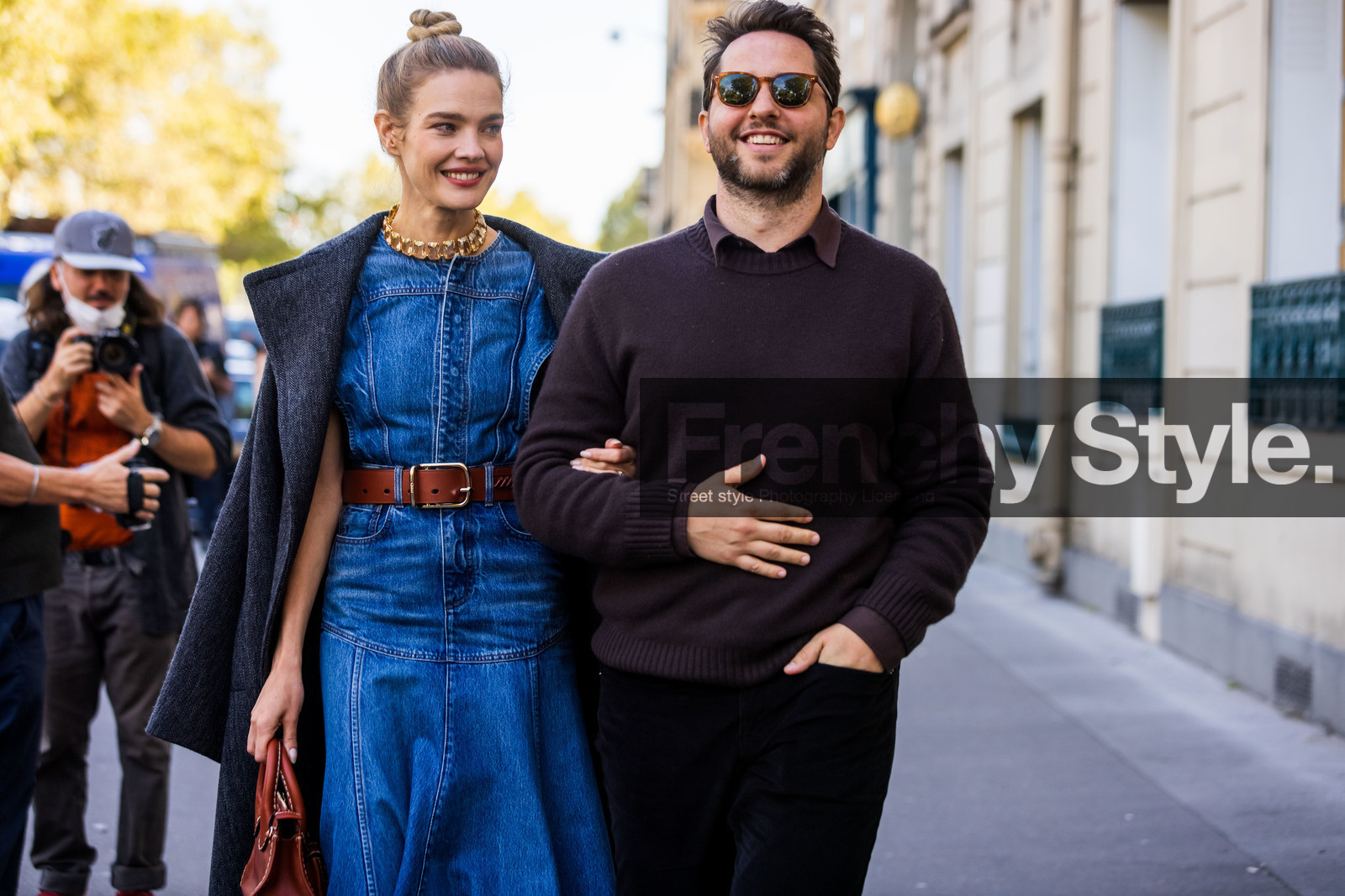 bag, belt, black pants, brown bag, brown knitwear, bun, camel belt, choker, coat, denim dress, Derek Blasberg, dress, gold choker, grey coat, menswear, Natalia Vodianova, pants, sunglasses, street style, jonathan paciullo, FW, frenchystyle, fashion week, PFW, PARIS, SPRING SUMMER 2022, SS 22, horizontal, atmosphere details