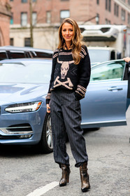 black sweater, brown boots, graphic pants, graphic sweater, grey pants, high heels, leather shoes, printed pants, printed sweater, ralph lauren, stripes, trousers, frenchystyle, jonathan paciullo, street style, NYFW, NEW YORK, AUTUMN WINTER 2019-2020, AW 19-20, FALL WINTER 2019-2020, FW 19-20, fashion week, FW, vertical, full length