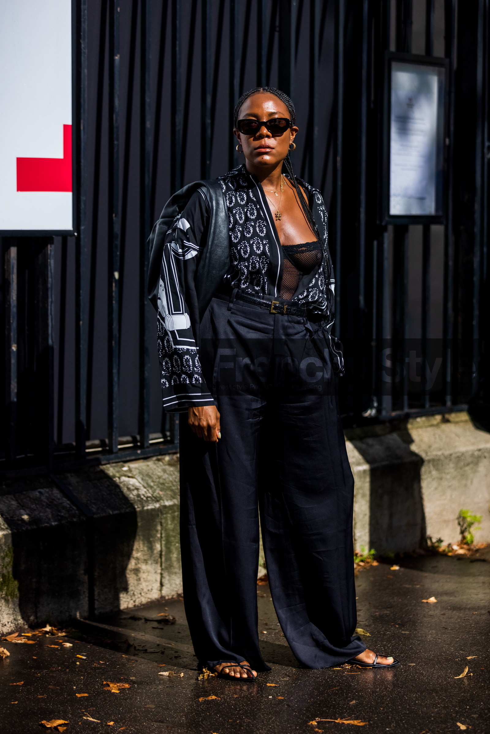 bag, black bag, black belt, black blouse, black body, black monochrome, black pants, black sandals, black sunglasses, blouse, flare pants, fluid pants, gold earrings, gold hoops, gold necklace, Jessica Willis, lingerie, pants, printed blouse, sunglasses, street style, jonathan paciullo, FW, frenchystyle, fashion week, PFW, PARIS, SPRING SUMMER 2022, SS 22, vertical, full length