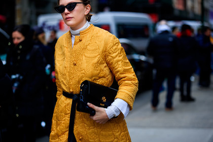 black bag, black belt, graphic jacket, leather bag, orange coat, printed jacket, sunglasses, street style, jonathan paciullo, FW, frenchystyle, fashion week, NYFW, NEW YORK, AUTUMN WINTER 2018-2019, AW 18-19, FALL WINTER 2018-2019, FW 18-19, atmosphere details, horizontal, detail