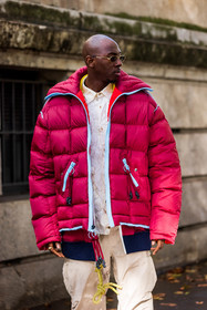 beige pants, Jean Ndjoli, menswear, oversize coat, pants, printed shirt, puffer, quilted puffer, red puffer, shirt, sunglasses, white shirt, lacoste, fashion week, frenchystyle, FW, jonathan paciullo, street style, PFW, PARIS, SPRING SUMMER 2022, SS 22, vertical, atmosphere details
