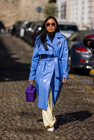 bag, belted coat, blue coat, coat, color, croco bag, croco coat, leather coat, oversize sunglasses, pants, pink sunglasses, purple bag, sunglasses, white heels, yellow pants, street style, jonathan paciullo, FW, frenchystyle, fashion week, PFW, PARIS, SPRING SUMMER 2022, SS 22, vertical, full length
