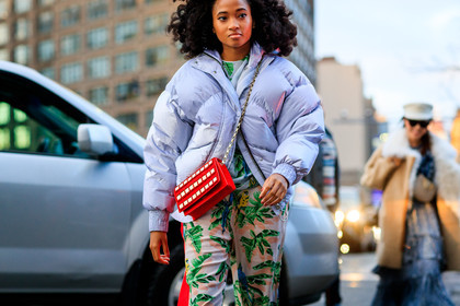 down jacket, floral, graphic bag, graphic pants, green pants, leather bag, printed bag, printed pants, purple jacket, red bag, studs, trousers, street style, jonathan paciullo, FW, frenchystyle, fashion week, NYFW, NEW YORK, AUTUMN WINTER 2018-2019, AW 18-19, FALL WINTER 2018-2019, FW 18-19, atmosphere details, horizontal, detail