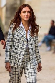 blazer, check, checked blazer, checked pants, checked print, cream blazer, cream pants, grey blazer, grey pants, necklace, Olivia Cooke, pants, print, suit, white shirt, street style, jonathan paciullo, FW, frenchystyle, fashion week, PFW, PARIS, SPRING SUMMER 2022, SS 22, vertical, atmosphere details