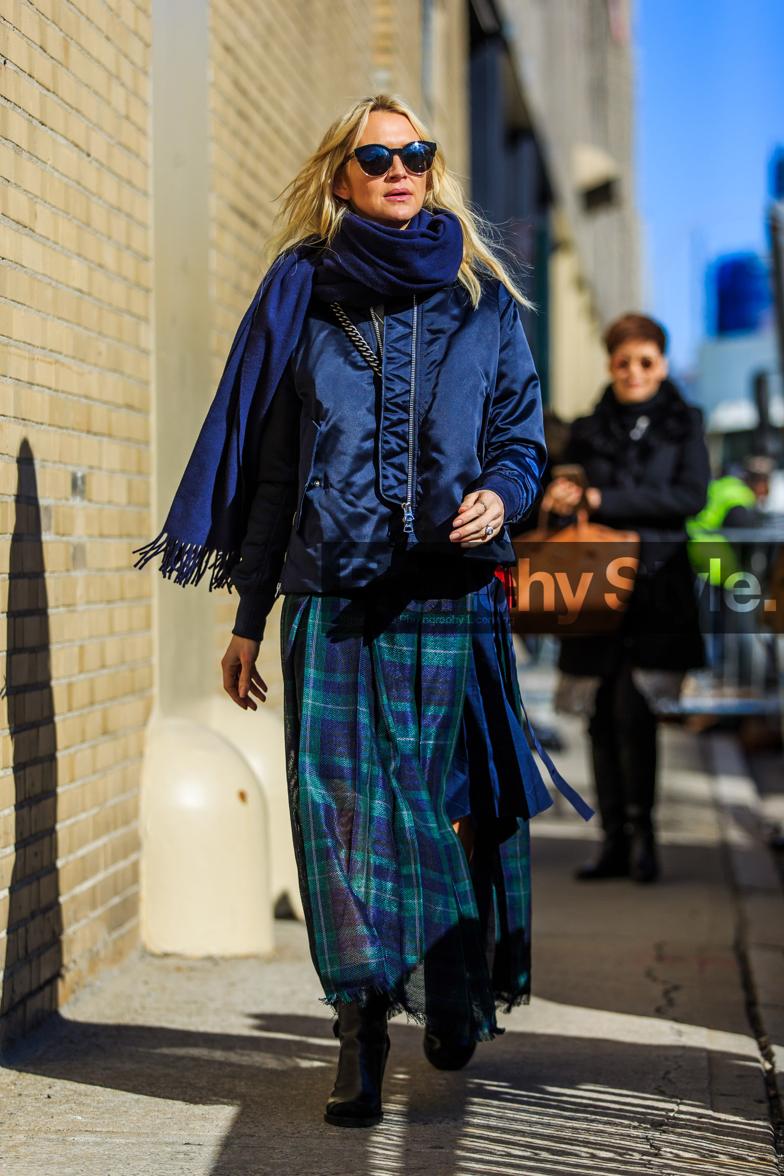 AUTUMN WINTER 2016-2017, AW 16-17, black boots, blue jacket, blue scarf, blue skirt, bomber jacket, checked skirt, fashion week, frenchystyle, full length, FW, FW 16-17, graphic skirt, high heels, jonathan paciullo, leather boots, NEW YORK, NYFW, pleated skirt, street style, striped skirt, sunglasses, tartan, vertical, woman, zanna roberts rassi
