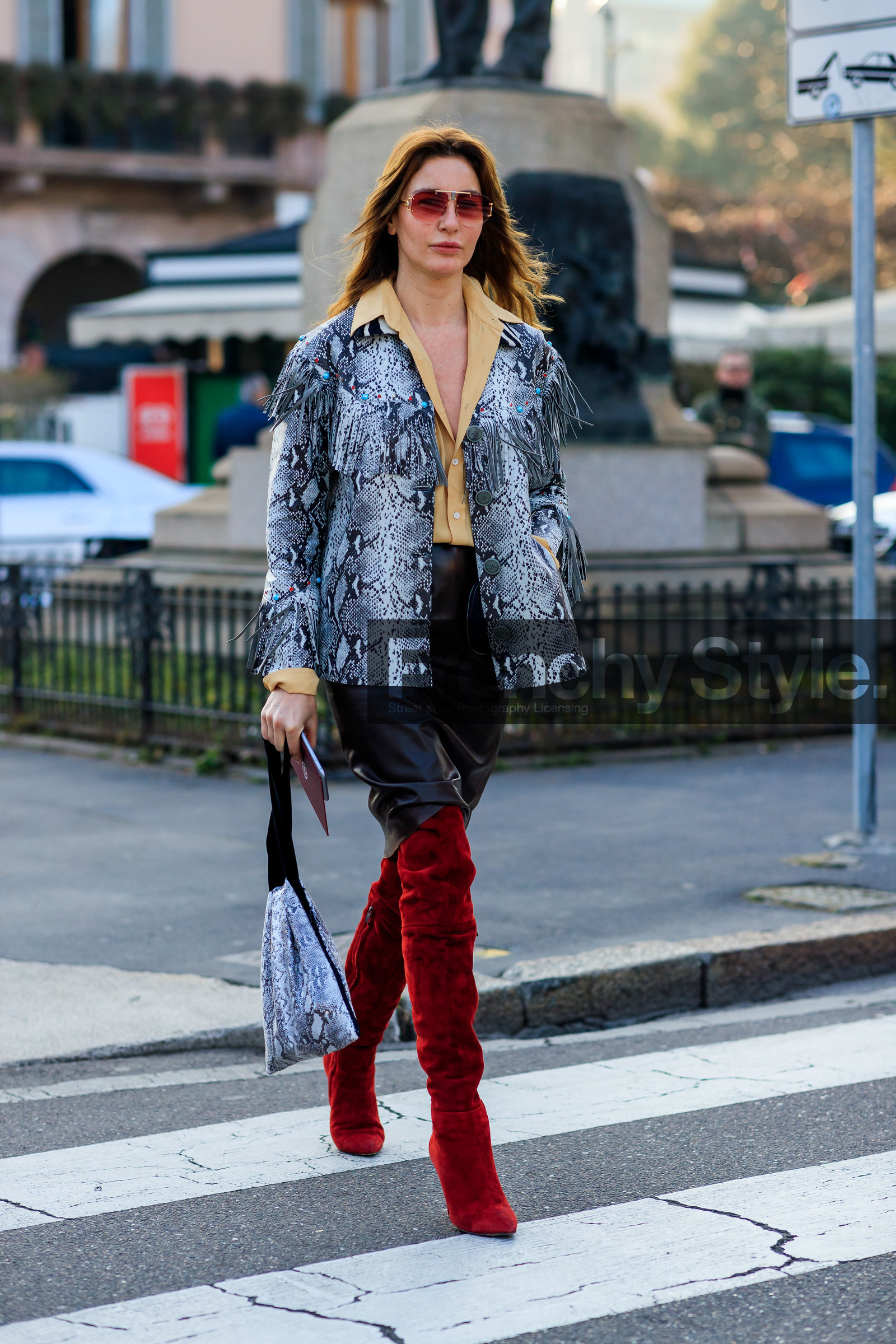 animal print, beige shirt, brown skirt, ece sukan, fringes, graphic bag, graphic jacket, grey bag, grey jacket, high boots, high heels, leather bag, leather jacket, leather shoes, leather skirt, printed bag, printed jacket, red boots, snake print, suede shoes, sunglasses, trousers, MILAN, MFW, fashion week, frenchystyle, FW, jonathan paciullo, street style, AUTUMN WINTER 2019-2020, AW 19-20, FALL WINTER 2019-2020, FW 19-20, vertical, full length