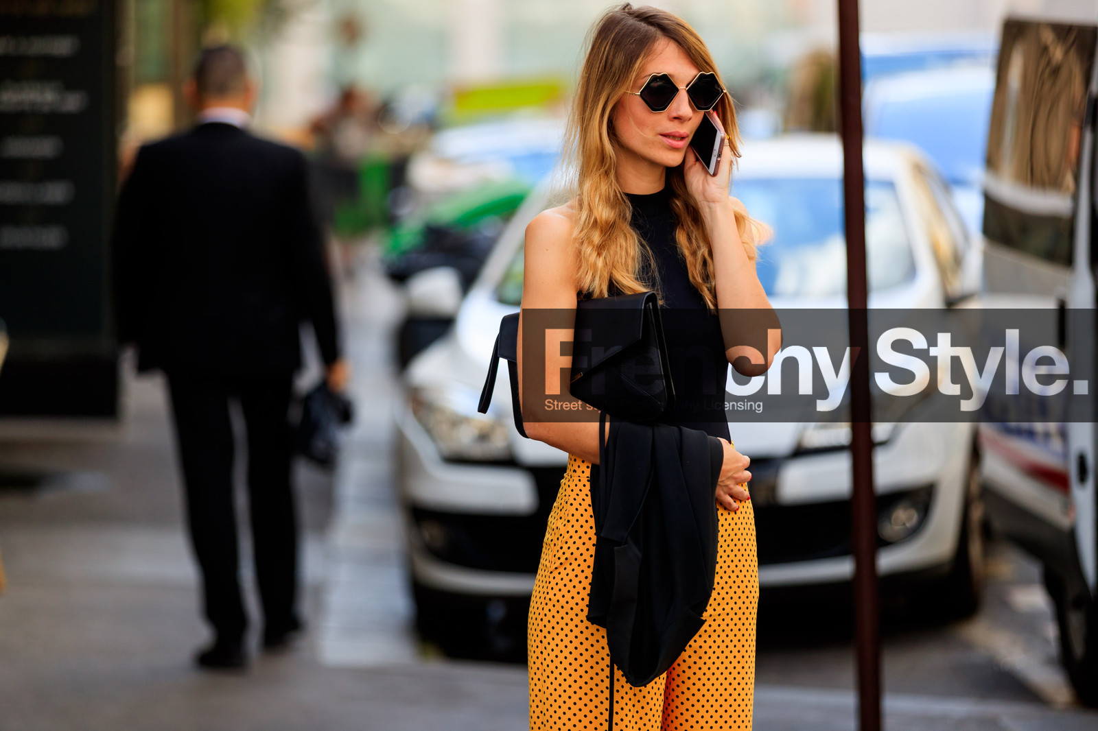 black bag, black jacket, black top, leather bag, orange pants, polka dot, sunglasses, trousers, PFW, fashion week, frenchystyle, FW, jonathan paciullo, street style, PARIS, horizontal, atmosphere details, detail, AUTUMN WINTER 2018-2019, FALL WINTER 2018-2019, FW 18-19