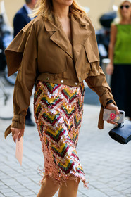 black bag, brown jacket, embroidered skirt, glitter, graphic skirt, leather bag, printed skirt, shiny skirt, fashion week, frenchystyle, FW, jonathan paciullo, street style, MFW, MILAN, SPRING SUMMER 2019, SS 19, vertical, atmosphere details, detail