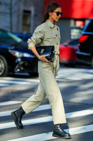 kaki jumpsuit, beige jumpsuit, long sleeves jumpsuit, black leather bag, celine bag, black leather boots, chelsea boots, flat boots, belted jumpsuit, prada sunglasses, butterfly sunglasses, fashion week, frenchystyle, FW, jonathan paciullo, street style, FALL WINTER 2020-2021, AUTUMN WINTER 2020-2021, FW 20-21, vertical, full length, NYFW, NEW YORK