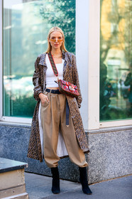 animal print, beige pants, black belt, black shoes, brown coat, fendi, graphic bag, graphic jacket, high heels, leather bag, leather belt, leather coat, leather pants, leather shoes, leonie hanne, monogram, necklace, printed bag, printed jacket, red bag, sunglasses, trousers, white tank top, MILAN, MFW, fashion week, frenchystyle, FW, jonathan paciullo, street style, AUTUMN WINTER 2019-2020, AW 19-20, FALL WINTER 2019-2020, FW 19-20, vertical, full length