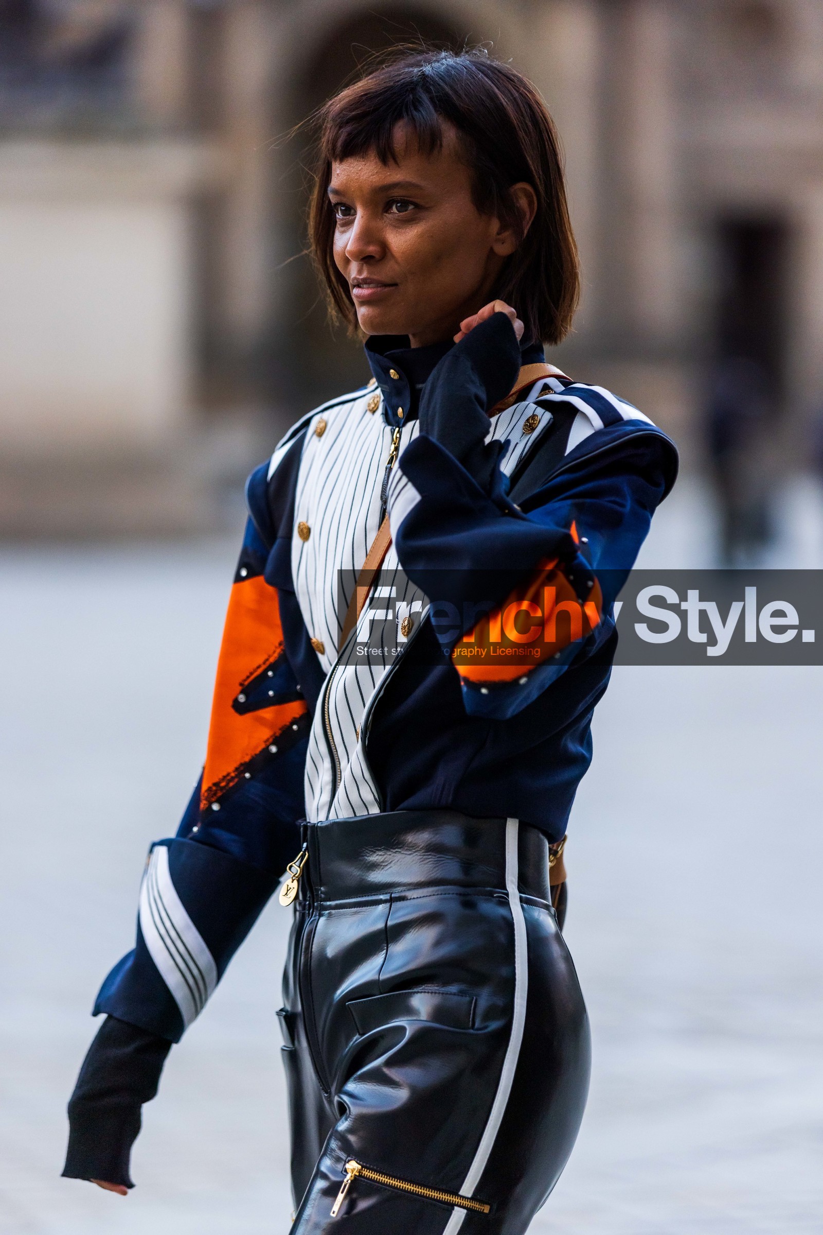 black jacket, black pants, jacket, Liya Kebede, louis vuitton look, orange jacket, pants, patent pants, printed jacket, stripes, fashion week, frenchystyle, FW, jonathan paciullo, street style, PFW, PARIS, SPRING SUMMER 2022, SS 22, vertical, atmosphere details