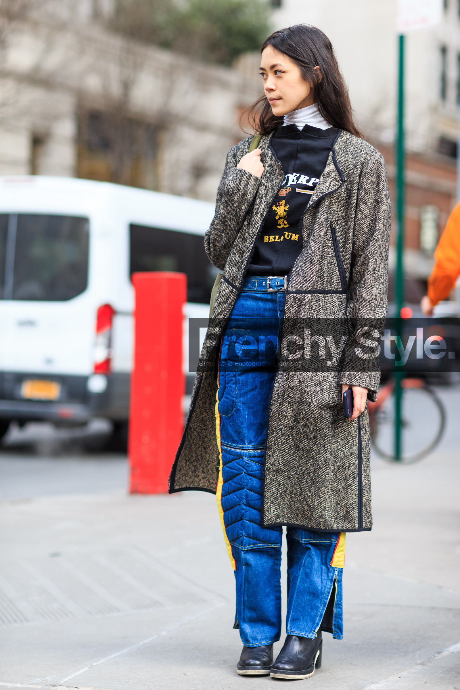 AUTUMN WINTER 2016-2017, AW 16-17, black, black boots, black sweater, blue, blue denim, brown, brown coat, denim pants, FALL WINTER 2016-2017, fashion week, frenchystyle, full length, FW, FW 16-17, high heels, jeans, jonathan paciullo, leather boots, NEW YORK, NYFW, patty lu, printed sweater, red, street style, trousers, vertical, white, woman, yellow