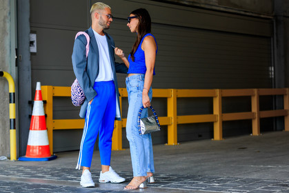 alice & j.s, atmosphere details, blue scarf, fashion week, frenchystyle, full length, FW, horizontal, jonathan paciullo, leather shoes, MENSWEAR, orange sandals, orange skirt, PARIS, PFW, SPRING SUMMER 2018, SS 18, straw bag, street style, white shirt