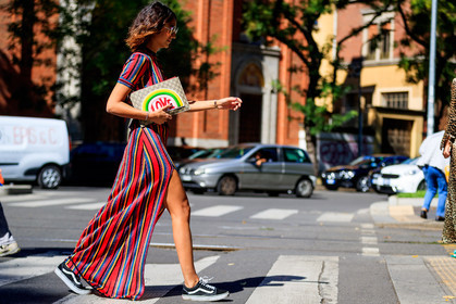 atmosphere details, black shoes, black sneakers, fashion week, frenchystyle, full length, FW, graphic bag, graphic dress, gucci, horizontal, jonathan paciullo, leather bag, leather shoes, MFW, MILAN, printed bag, printed dress, red dress, soraya bakhtiar, SPRING SUMMER 2018, SS 18, street style, striped dress, sunglasses, vans
