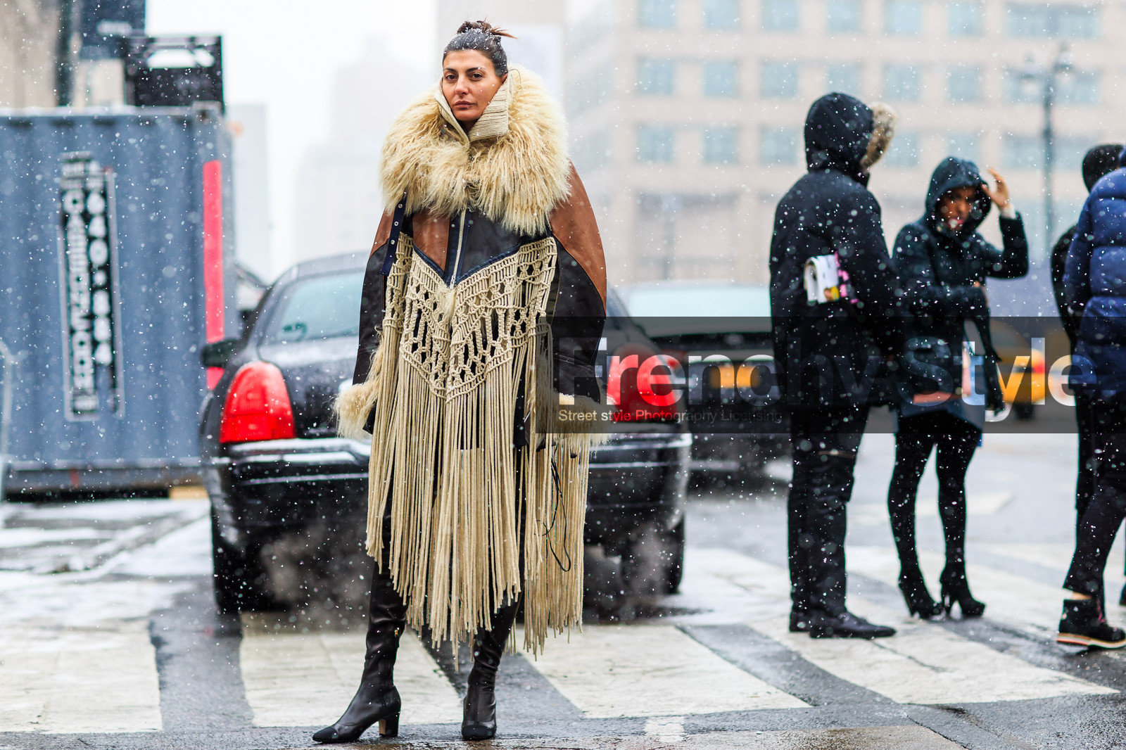 atmosphere details, AUTUMN WINTER 2016-2017, AW 16-17, black boots, brown coat, brown jacket, chanel, detail, embroidered coat, embroidered jacket, fashion week, frenchystyle, fringes, fur co, fur coat, fur collar, FW, FW 16-17, giovanna battaglia, high boots, horizontal, inuit, jonathan paciullo, leather boots, leather coat, NEW YORK, NYFW, sacai, street style, white fur, woman