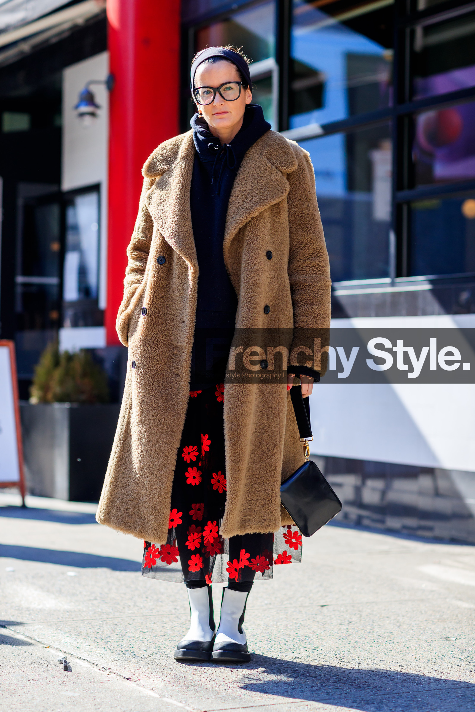 beige jacket, black bag, black skirt, black sweater, camel coat, céline, embroidered skirt, floral, flowers, Fur coat, graphic skirt, headband, hoodie, leather bag, leather shoes, printed skirt, shearling, sunglasses, white boots, street style, jonathan paciullo, FW, frenchystyle, fashion week, NYFW, NEW YORK, AUTUMN WINTER 2018-2019, AW 18-19, FALL WINTER 2018-2019, FW 18-19, vertical, full length, Lucy Chadwick