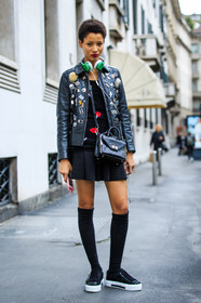 AUTUMN WINTER 2016-2017, AW 16-17, beats, black bag, black jacket, black perfecto, black skirt, black slippers, black sneakers, black socks, black sweater, cartoon, coach, curly hair, drawings, embroidered jacket, embroidered sweater, embroideries, FALL WINTER 2016-2017, fashion week, frenchystyle, full length, FW, FW 16-17, headphones, high socks, jonathan paciullo, leather bag, leather jacket, leather perfecto, LFW, lineisy montero, LONDON, MENSWEAR, mini skirt, model, natural, pins, red lips, safety pin, short hair, skincare, stars, street style, vertical