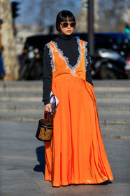 black sweater, brown bag, graphic bag, leather bag, louis vuitton, maiko shibata, monogram, orange dress, printed bag, sunglasses, turtleneck sweater, PARIS, PFW, street style, jonathan paciullo, FW, frenchystyle, fashion week, AUTUMN WINTER 2019-2020, AW 19-20, FALL WINTER 2019-2020, FW 19-20, vertical, full length