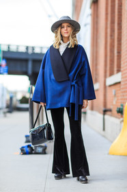 AUTUMN WINTER 2016-2017, AW 16-17, black bag, black pants, black shoes, blue coat, blue jacket, clogs, FALL WINTER 2016-2017, fashion week, frenchystyle, full length, FW, FW 16-17, grey hat, jonathan paciullo, leather bag, leather shoes, NEW YORK, NYFW, street style, trousers, velvet, vertical, woman