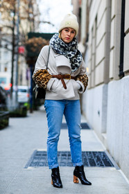 acne studios, animal print, Annabel Rosendahl, AUTUMN WINTER 2016-2017, AW 16-17, beige jacket, belted jacket, black and white, black boots, blue denim, brown bag, brown belt, brown fur, denim pants, embroidered bag, fashion week, frenchystyle, full length, FW, FW 16-17, golden heel, grey scarf, gucci, jeans, jonathan paciullo, leather belt, leather boots, leopard print, NEW YORK, NYFW, printed bag, street style, trousers, vertical, white beanie, woman
