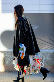 black jacket, black shoes, graphic skirt, high heels, leather bag, leather jacket, leather shoes, printed skirt, white skirt, fashion week, frenchystyle, FW, jonathan paciullo, street style, PFW, PARIS, AUTUMN WINTER 2019-2020, AW 19-20, FALL WINTER 2019-2020, FW 19-20, vertical, full length