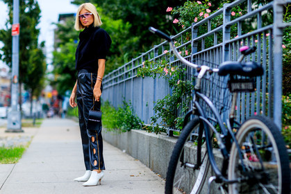black bag, black pants, black sweater, high heels, leather bag, leather pants, leather shoes, sunglasses, trousers, white boots, xenia adonts, fashion week, frenchystyle, FW, jonathan paciullo, street style, NYFW, NEW YORK, SPRING SUMMER 2019, SS 19, atmosphere details, horizontal, full length