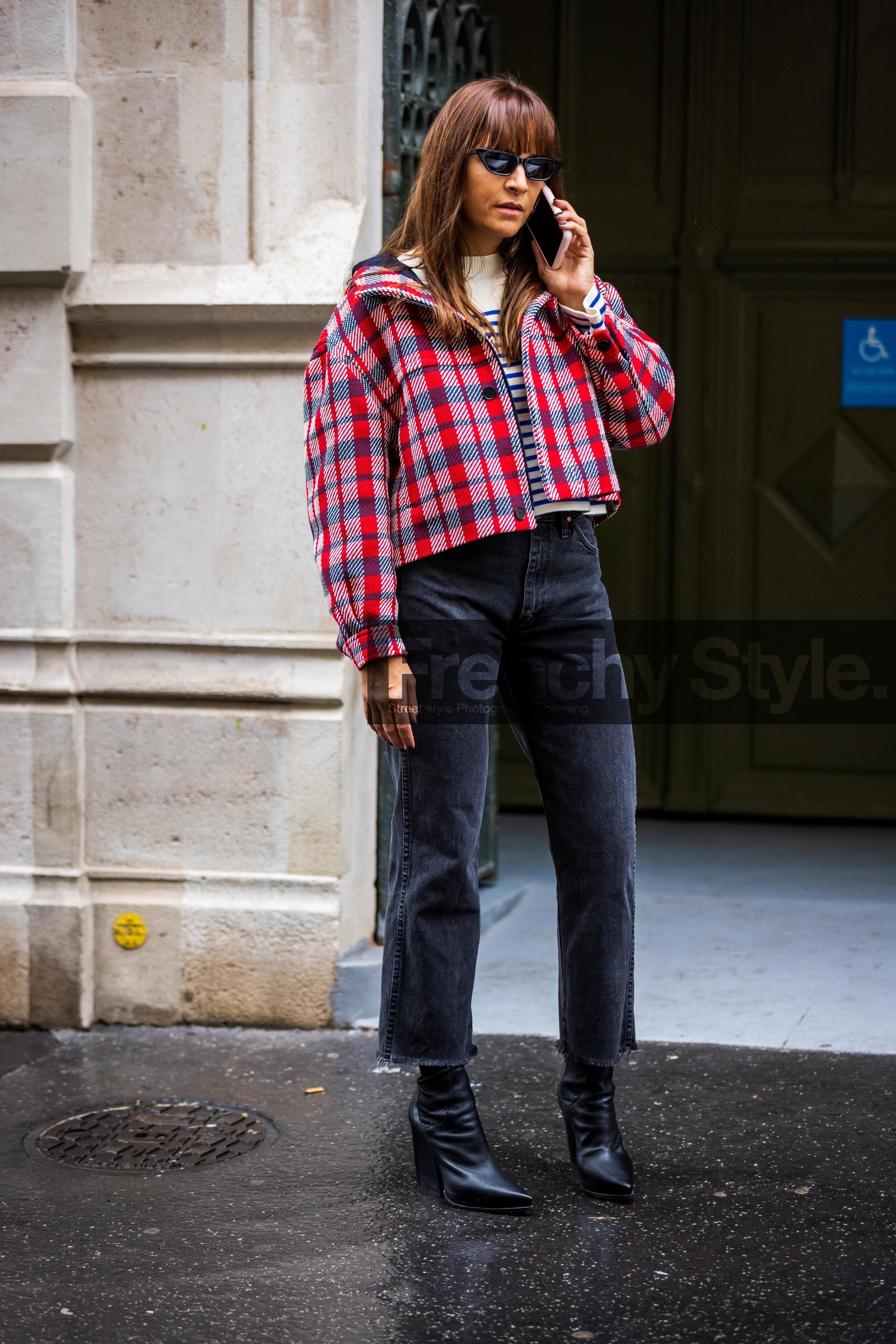 black boots, black sunglasses, blue stripes, boots, check, checked jacket, denim, grey denim, grey jean, jacket, jean, Laure Hériard-Dubreuil, mariniere, print, printed jacket, red jacket, striped knitwear, sunglasses, white knitwear, fashion week, frenchystyle, FW, jonathan paciullo, street style, PFW, PARIS, SPRING SUMMER 2022, SS 22, vertical, full length