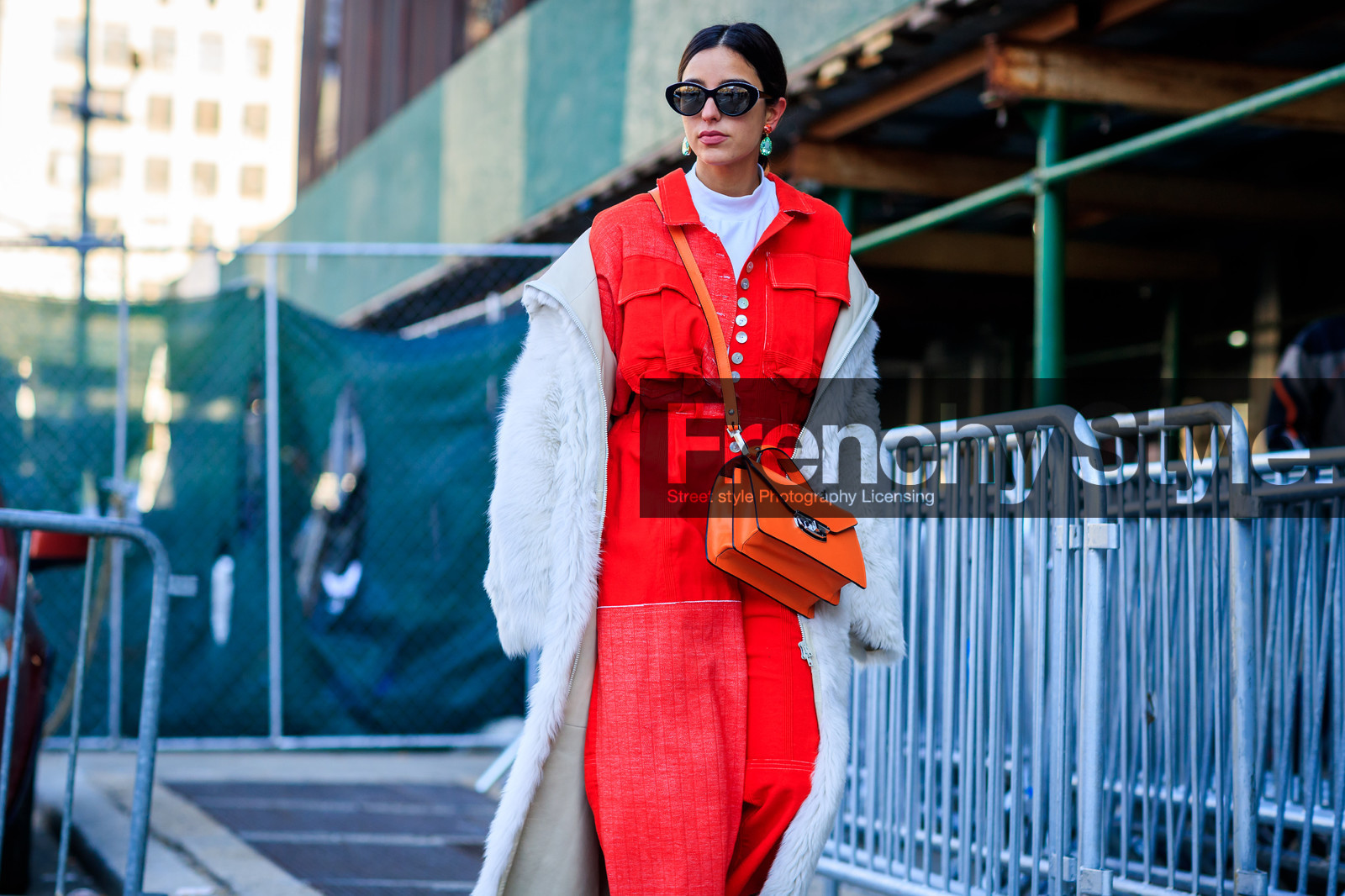 earrings, Fur coat, leather bag, off the shoulder, orange bag, red jumpsuit, sunglasses, white coat, white fur, white sweater, street style, jonathan paciullo, FW, frenchystyle, fashion week, NYFW, NEW YORK, AUTUMN WINTER 2018-2019, AW 18-19, FALL WINTER 2018-2019, FW 18-19, atmosphere details, horizontal, detail, bettina looney