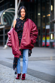 black top, blue denim, bomber jacket, bordeaux, burgundy, denim pants, high heels, jeans, leather shoes, off the shoulder, printed top, red jacket, red shoes, silk top, trousers, velvet, vêtements, fashion week, frenchystyle, FW, jonathan paciullo, street style, PFW, PARIS, SPRING SUMMER 2017, SS 17, HAUTE COUTURE, vertical, full length, Tiffany Hsu