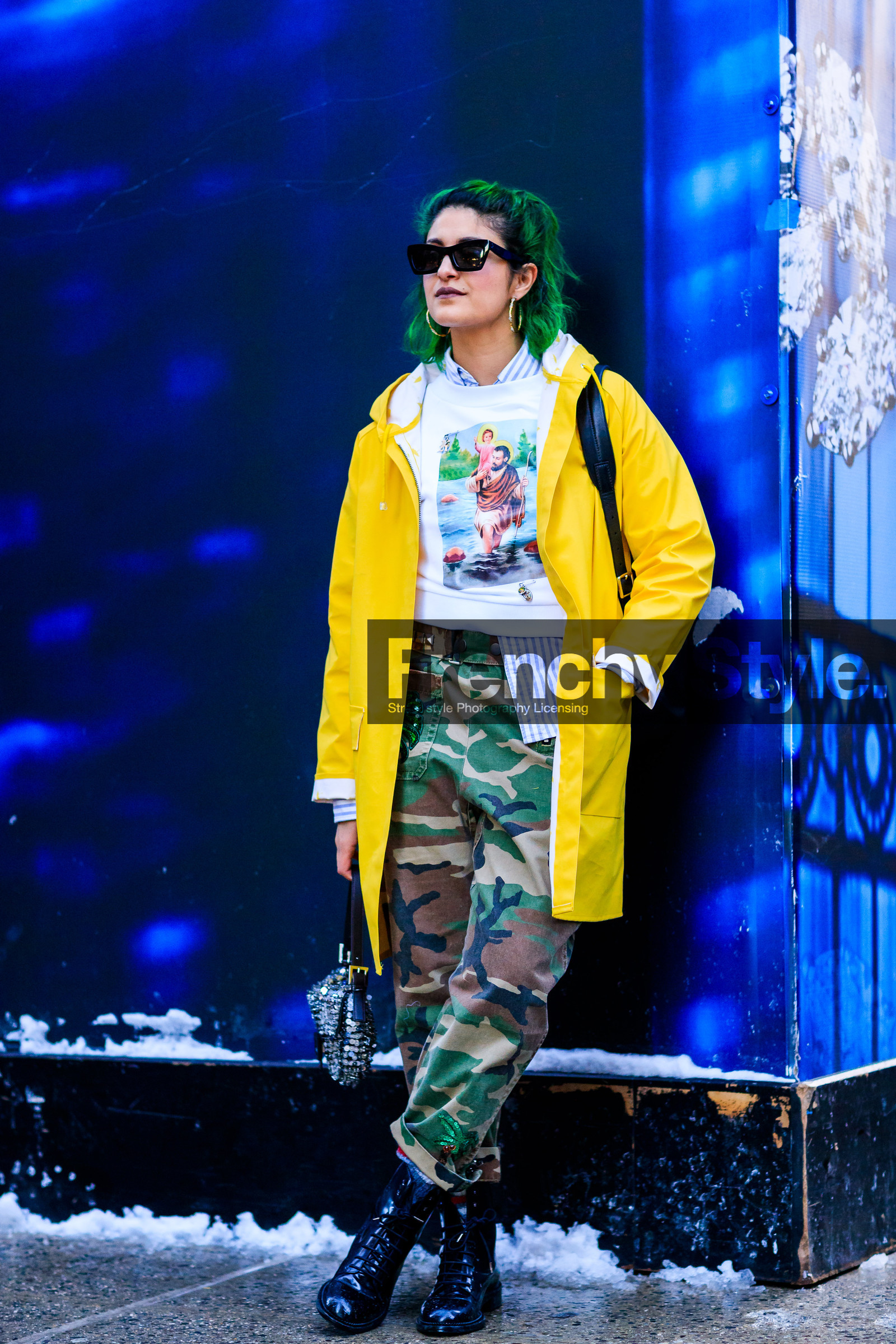 AUTUMN WINTER 2017-2018, AW 17-18, black boots, camo pants, camouflage, dyed hair, FALL WINTER 2017-2018, fashion week, frenchystyle, full length, FW, FW 17-18, green hair, green pants, jonathan paciullo, leather bag, leather boots, military, NEW YORK, NYFW, Preetma Singh, printed sweater, rain coat, raincoat, street style, studded bag, sunglasses, trousers, vertical, white sweater, yellow coat