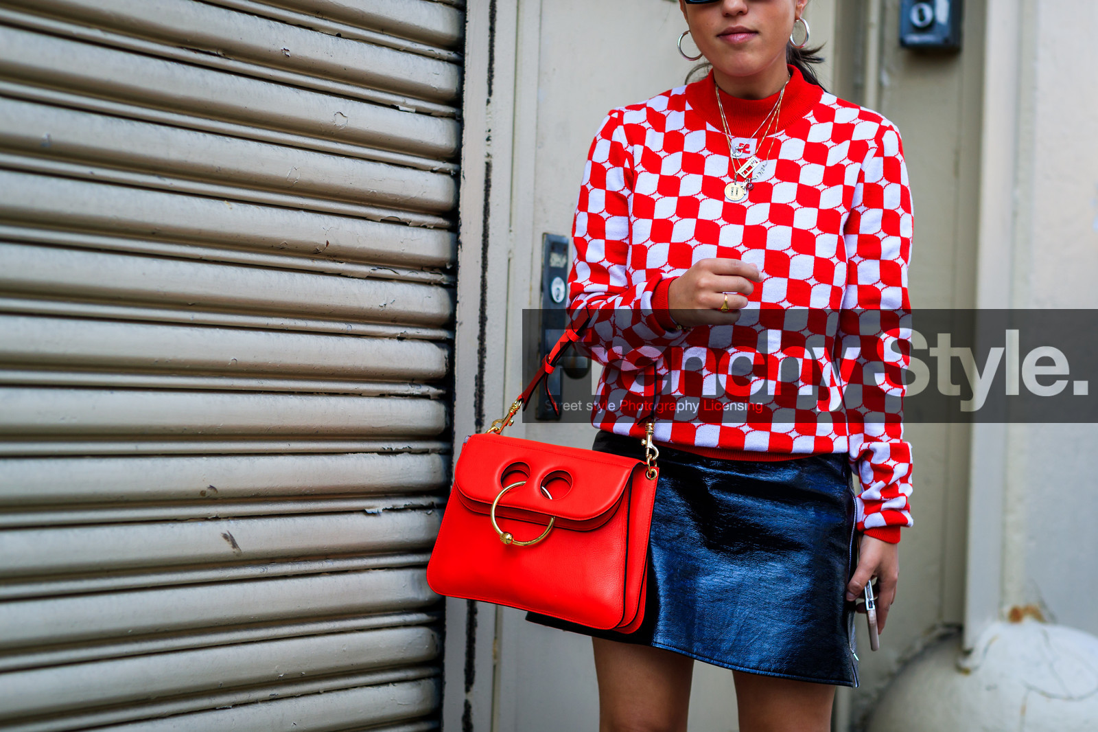 atmosphere details, black skirt, checked sweater, courrèges, detail, fashion week, frenchystyle, FW, horizontal, jonathan paciullo, jw anderson, leather bag, leather skirt, NEW YORK, NYFW, plaid, red bag, red sweater, SPRING SUMMER 2018, SS 18, street style