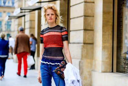 atmosphere details, AUTUMN WINTER 2016-2017, AW 16-17, blue denim, denim pants, detail, FALL WINTER 2016-2017, fashion week, frenchystyle, FW, FW 16-17, graphic top, hanne gaby odiele, HAUTE COUTURE, horizontal, jeans, jonathan paciullo, MENSWEAR, model, PARIS, PFW, printed bag, printed top, red top, saint laurent paris, see through, street style, striped top, trousers
