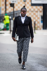 animal print, bag, black and white, black blazer, black loafers, blazer, blouse, bun, gold sunglasses, leather bag, leather loafers, leopard pants, leopard print, loafer, pants, printed pants, ruffles blouse, silver bag, statement collar, sunglasses, white blouse, fashion week, frenchystyle, FW, jonathan paciullo, street style, PFW, PARIS, SPRING SUMMER 2022, SS 22, vertical, full length