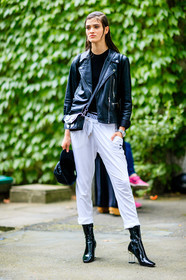 black bag, black boots, black cap, black jacket, black perfecto, black sweater, black top, christian dior, fashion week, frenchystyle, full length, FW, high heels, jonathan paciullo, leather bag, leather jacket, leather perfecto, leather shoes, LFW, LONDON, model, puma, SPRING SUMMER 2017, SS 17, street style, sweatpants, transparent heel, trousers, varnished leather shoes, vertical, wet hair, white pants, woman