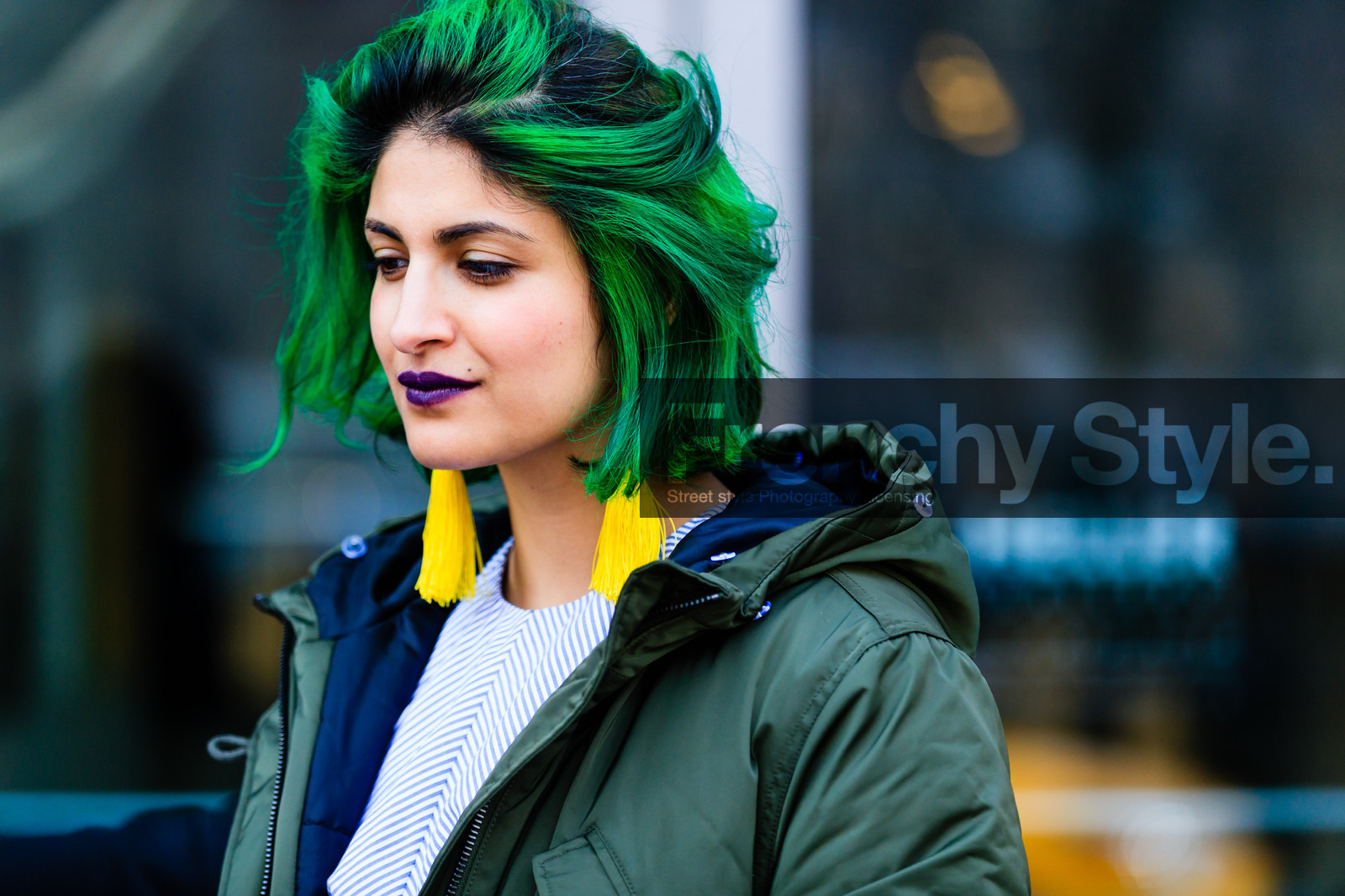 atmosphere details, AUTUMN WINTER 2017-2018, AW 17-18, dark lips, detail, dyed hair, earrings, FALL WINTER 2017-2018, fashion week, frenchystyle, FW, FW 17-18, green hair, green jacket, horizontal, jonathan paciullo, NEW YORK, NYFW, portrait, Preetma Singh, street style, striped shirt