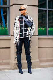 black bag, black pants, black shoes, black sweater, checked, checked sweater, earrings, fanny pack, graphic sweater, high heels, leather bag, leather shoes, plaid, sunglasses, tartan, trousers, street style, jonathan paciullo, FW, frenchystyle, fashion week, NYFW, NEW YORK, AUTUMN WINTER 2018-2019, AW 18-19, FALL WINTER 2018-2019, FW 18-19, vertical, full length, vanessa hong