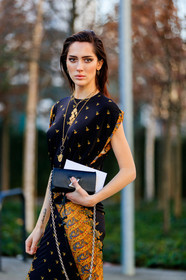 black bag, black dress, eyeliner, eyeshadow, graphic dress, leather bag, louis vuitton, model, necklace, printed dress, teddy quinlivan, PARIS, PFW, street style, jonathan paciullo, FW, frenchystyle, fashion week, AUTUMN WINTER 2019-2020, AW 19-20, FALL WINTER 2019-2020, FW 19-20, vertical, atmosphere details, detail