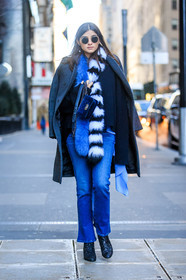AUTUMN WINTER 2016-2017, AW 16-17, black boots, blue bag, blue denim, blue fur, blue scarf, blue sweater, boy bag, chanel, denim pants, fashion week, frenchystyle, full length, fur scarf, FW, FW 16-17, grey coat, jeans, jonathan paciullo, juliana salazar, mini bag, NEW YORK, NYFW, overcoat, ray ban, shiny boots, street style, striped fur, sunglasses, trousers, velvet, vertical, woman