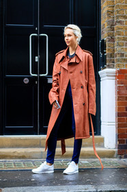 blue denim, denim pants, fashion week, frenchystyle, full length, FW, jeans, jonathan paciullo, leather sneakers, LFW, LONDON, olga karput, reebok, SPRING SUMMER 2017, SS 17, street style, trench coat, trousers, vertical, white sneakers, woman